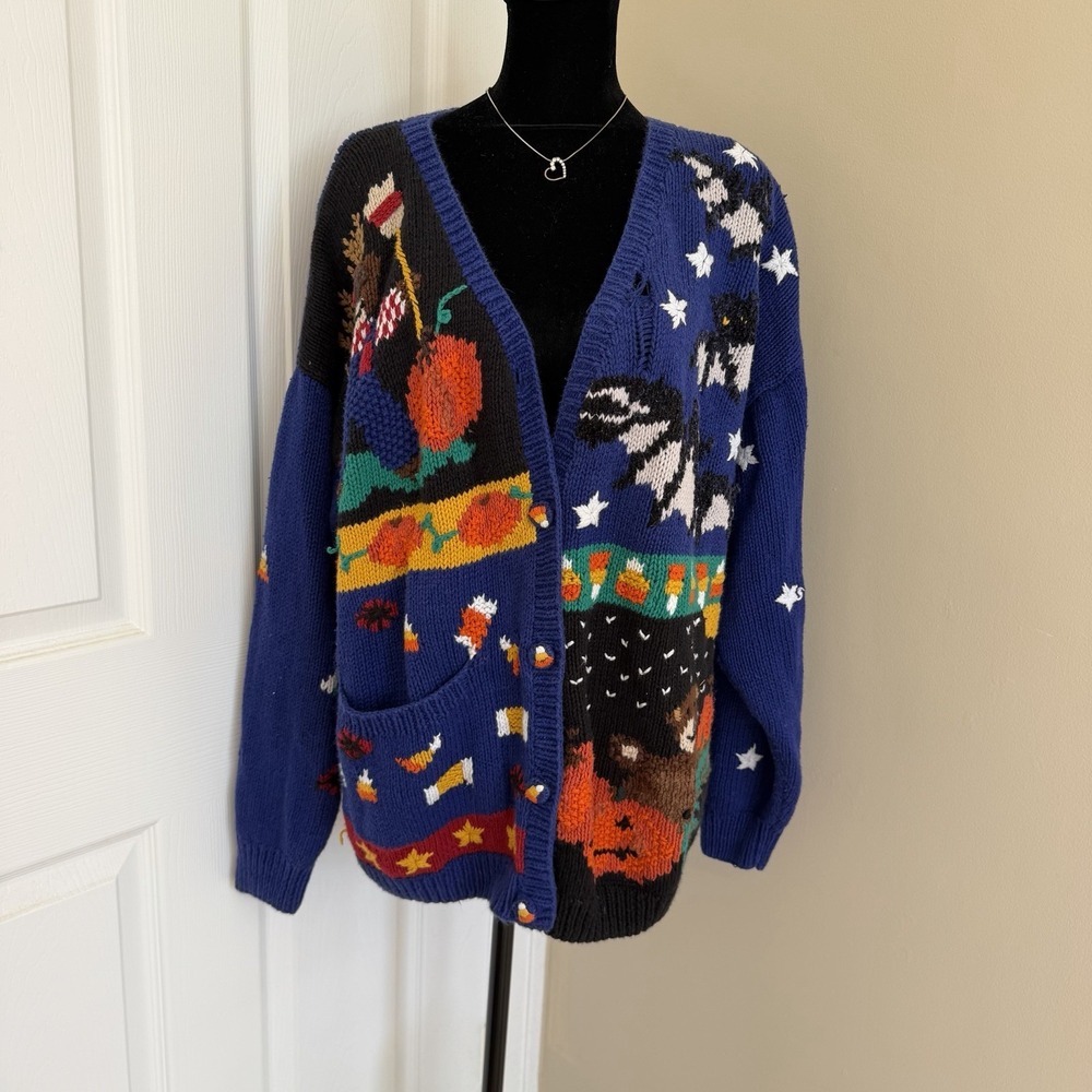 Vintage 90s Knit Halloween Blue Button Up Cardigan (L) Bats, Candy corn, pumpkin